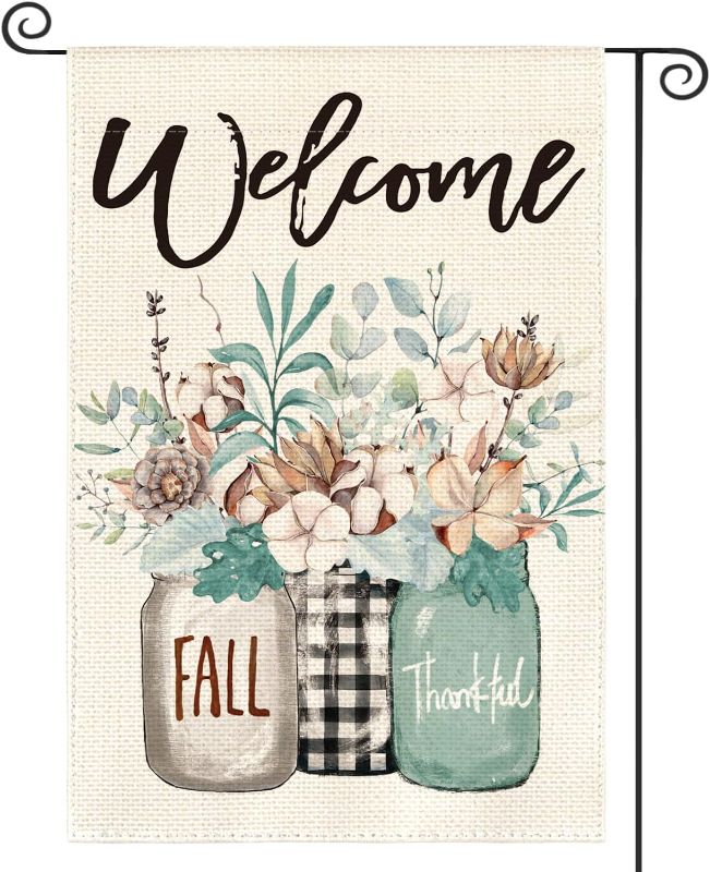 Photo 2 of 2 PACK Fall Thankful Welcome Garden Flag 12x18 Inch Cotton Floral Mason Jar Double Sided,Fall Cat Welcome Seasonal Holiday Thanksgiving Yard Outdoor Decorative Flag 