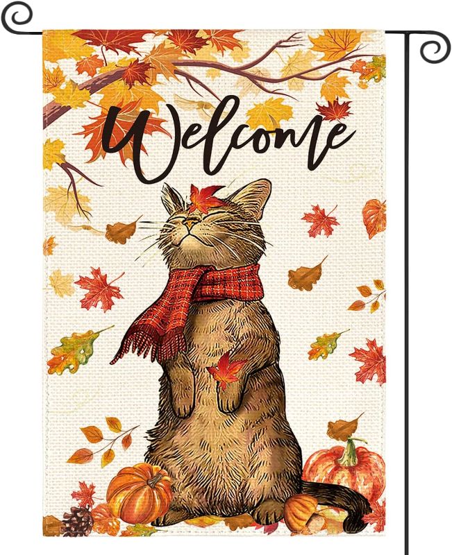 Photo 3 of 2 PACK Fall Thankful Welcome Garden Flag 12x18 Inch Cotton Floral Mason Jar Double Sided,Fall Cat Welcome Seasonal Holiday Thanksgiving Yard Outdoor Decorative Flag 