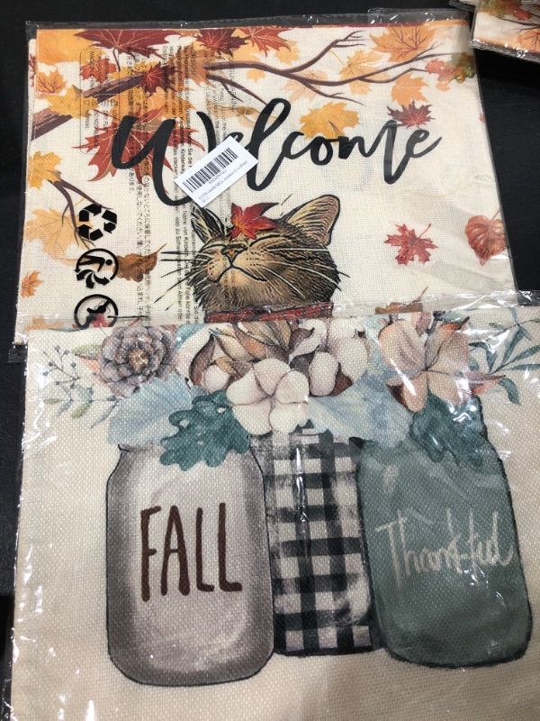 Photo 2 of 2 PACK Fall Thankful Welcome Garden Flag 12x18 Inch Cotton Floral Mason Jar Double Sided,Fall Cat Welcome Seasonal Holiday Thanksgiving Yard Outdoor Decorative Flag 