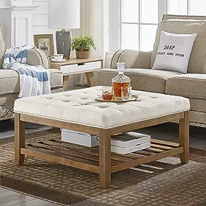 Photo 1 of 24KF Large Square Upholstered Tufted Linen Ottoman Coffee Table, Large Footrest Ottoman with Solid Wood Shelf-Ivory Square ottoman with wooden shelf Ivory-large Ottoman