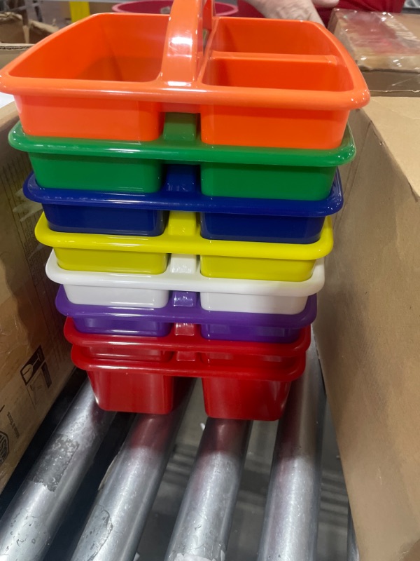 Photo 2 of 8 Pack Classroom Supply Caddies 3 Equal Compartment Caddies, Assorted Colors Plastic Caddy Organizers with Built in Handles and Stackable Design