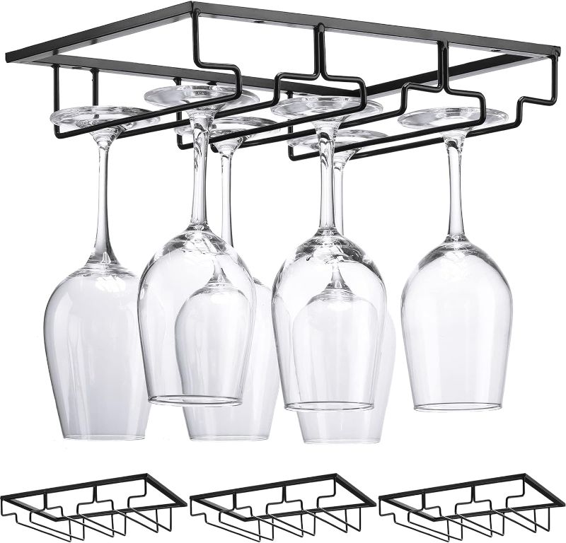 Photo 1 of 4 Pack Wine Glass Holder Under Cabinet, Hanging Wine Glass Rack 3 Rows Stemware Rack Black Wine Glass Holder Shelf Wine Glass Storage Metal Organizer for Bar Cabinet Kitchen
