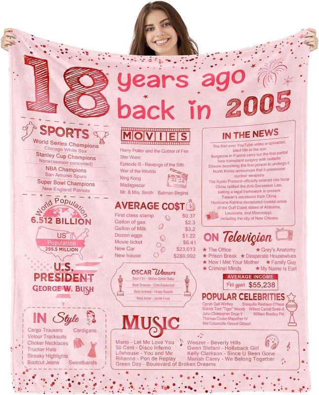 Photo 1 of 18th Birthday Gifts for Girls Happy 18th Birthday Decorations for 18 Year Old Girl Birthday Gift Ideas for Daughter Sister Bestie Soft Throw Blanket Back in 2005-80x60 Inch - Pink
