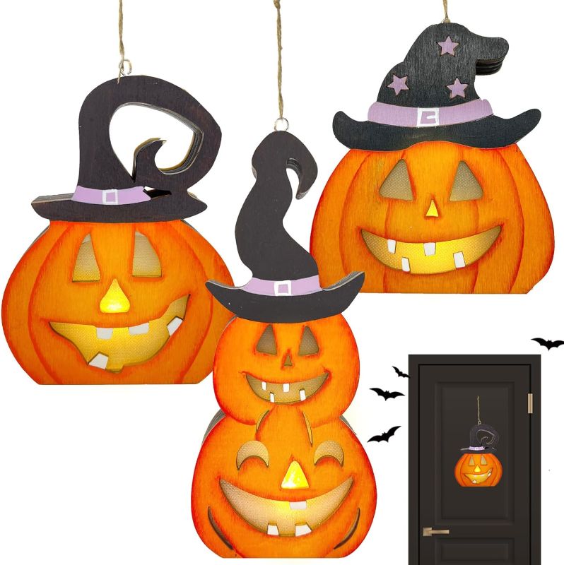 Photo 1 of 2PCS Wall Pediments, Halloween Pumpkin Lights LED Hanging Halloween Lantern Wooden Stacked Pumpkin Fairy Lights Battery Operated Light up Pumpkin for Home Table
