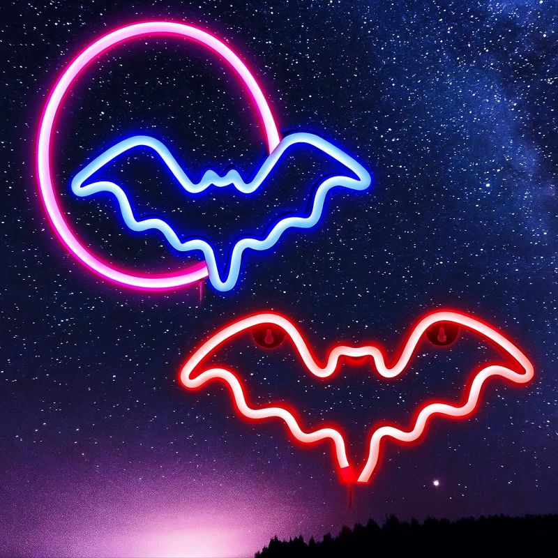 Photo 1 of 2 Pieces Halloween Neon Light Bat Neon Signs Moon and Bat LED Neon Lights Bat Shaped Signal Light LED Halloween Art Wall Decoration Lights for Halloween Christmas Birthday Wedding Outdoor Bedroom 