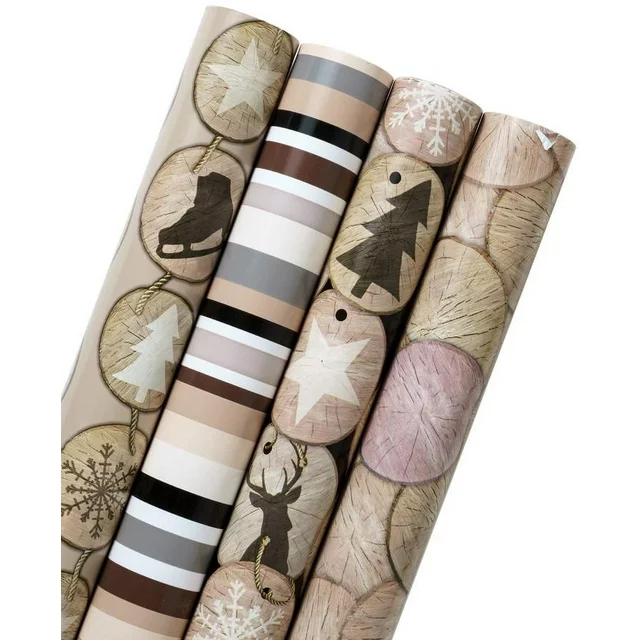 Photo 1 of 30" x 10' Wrapping Paper Bundle (4-pack) | Brown Tone/Ice Skate/Deer/Sled
