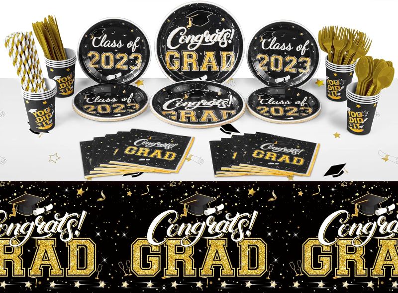 Photo 1 of  Graduation Plates and Napkins 2023 for 24 Guests, Disposable Paper Dinnerware Set in Black and Gold for Graduation Party Supplies