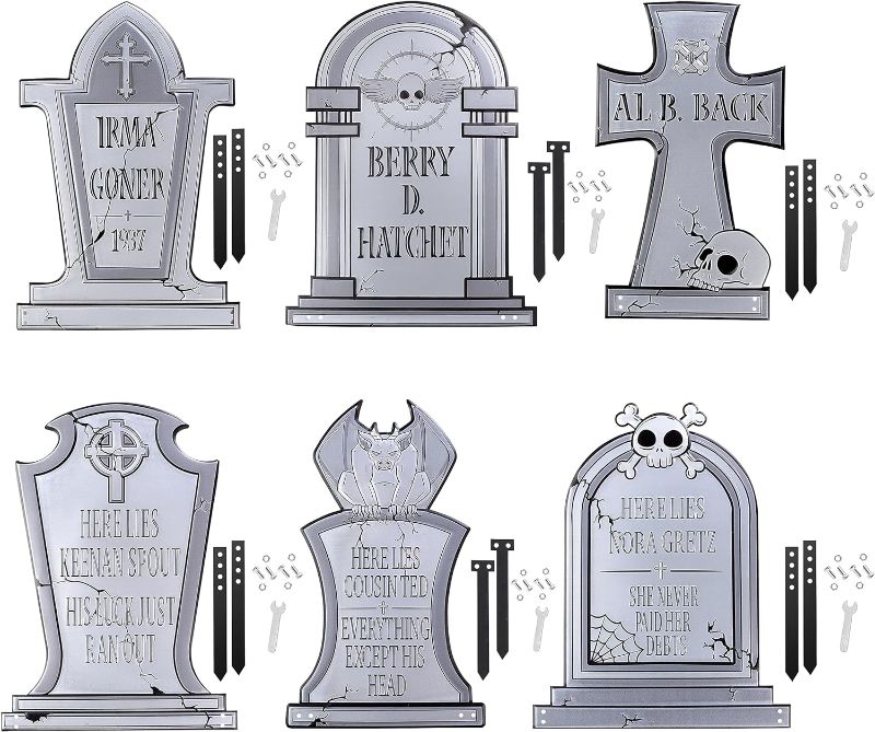 Photo 1 of 3-D Metal Halloween Ghost Cemetery 17" Tombstones -Full Set of 6 w Stakes- Durable, Rustproof, UV Raised Printing-Upgrade Your Haunted House Mansion Cemetary Lawn Decor- No More Flimsy Foam Graveyards
