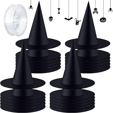 Photo 1 of Black Witch Hats with 98Feet Rope Hanging Decorations Witch Costume Accessory for Halloween Party Decor 12PACKS 36 COUNT