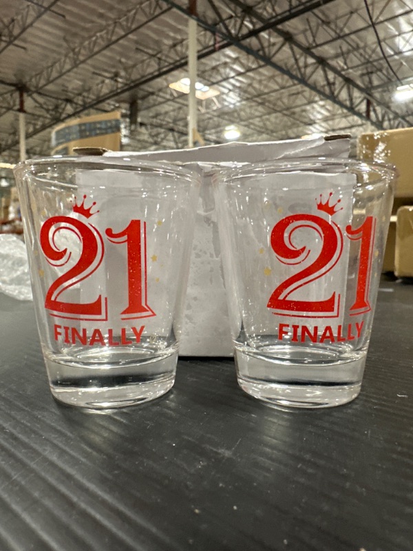 Photo 2 of 2 Pieces Finally 21 Shot Glass 2 oz 21st Birthday Shot Glass Decoration for Celebrating Friends Sisters Women Turning Twenty One Party Supplies