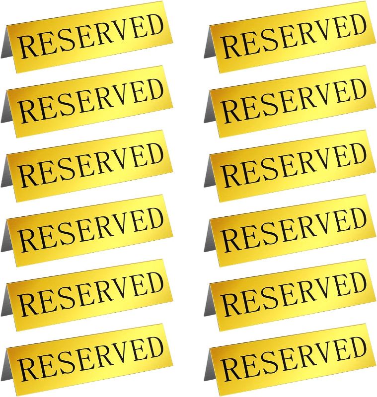 Photo 1 of 12 Pieces Table Top Reserved Sign Metal Reserved Table Signs Reserved Seating Signs Double Sided Table Tent Sign for Wedding Restaurant Family Ceremony Events, 5.91 x 3.15 Inches (Golden)