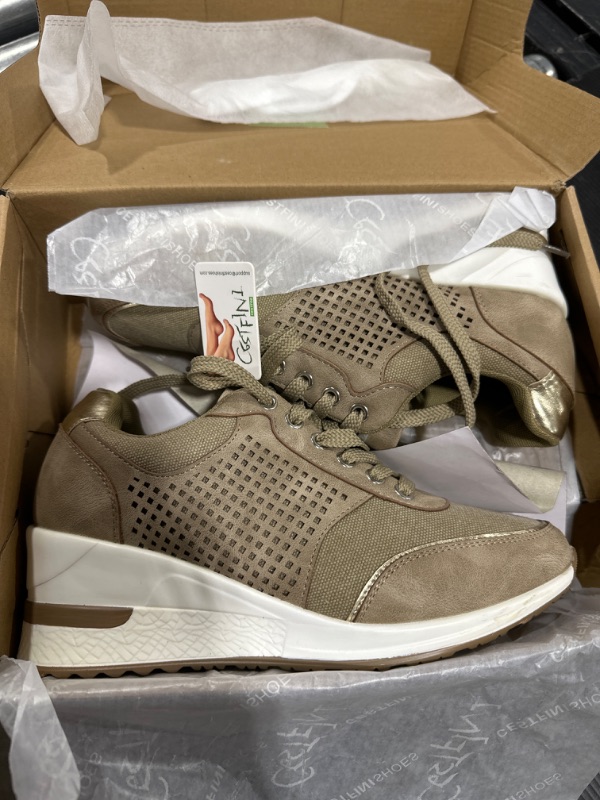 Photo 1 of High Heeld Wedge Sneakers for Women - Ladies Hidden Sneakers Lace Up Shoes, Best Chioce for Casual and Daily Wear Khaki Canvas 39