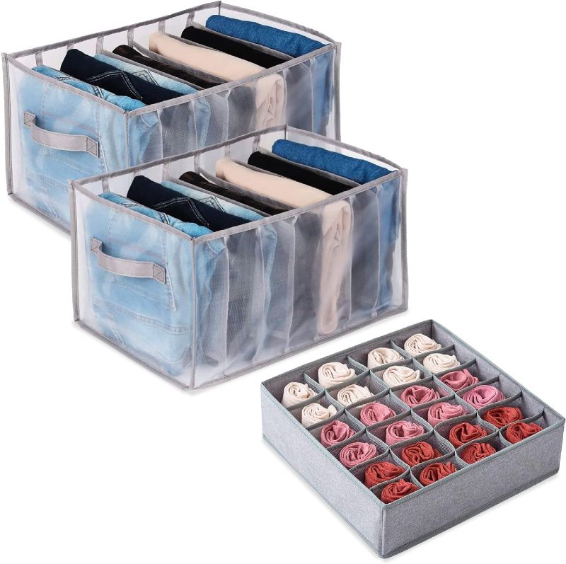 Photo 1 of 2 Pack Wardrobe Clothes Organizer , Jeans for Closet comes with 24 cell Sock Underwear Dividers Mesh Drawer Large 7 Grids Foldable Compartment Storage Box, gray
