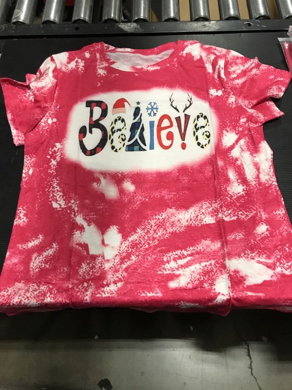 Photo 2 of Believe Christmas Bleached T-Shirt Women Christmas Plaid Leopard Graphic Shirt Funny Letter Print Xmas Holiday Tops SIZE MEDIUM