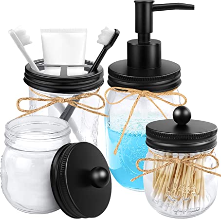 Photo 1 of 4pcs Rustic Mason Jar Bathroom Accessories Set- Liquid Soap Pump Dispenser and 2 Small Apothecary Storage Glass Jars&Toothbrush Stand Holder for Bathroom, Farmhouse Home Decor, Kitchen Sink (Black)
