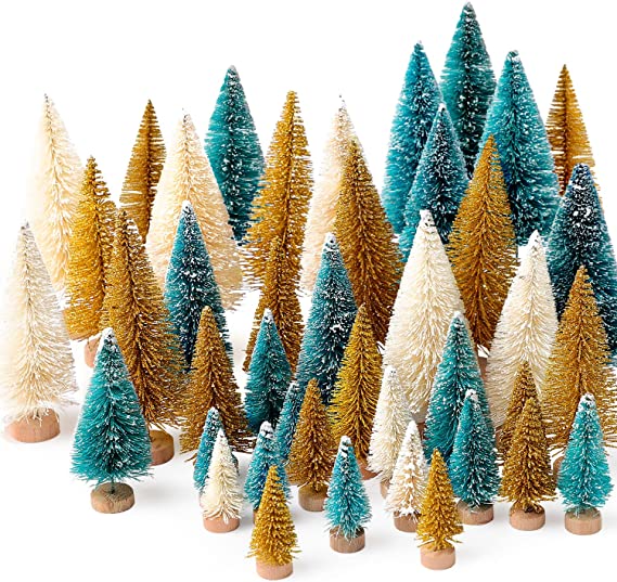 Photo 1 of 30Pcs Mini Christmas Trees, Artificial Christmas Tree Bottle Brush Trees Christmas with 5 Sizes, Sisal Snow Trees with Wooden Base for Christmas Decor Christmas Party Home Table Craft Decorations
