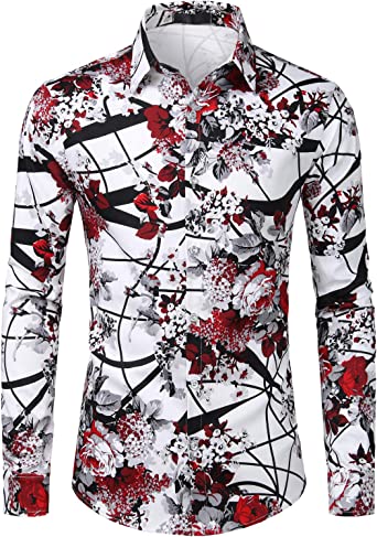 Photo 1 of ZEROYAA Men's Floral Slim Fit Long Sleeve Cotton Casual Button Down Dress Shirt SIZE XL 
