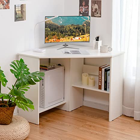 Photo 1 of Tangkula White Corner Desk, 90 Degrees Triangle Corner Computer Desk for Small Space, Bedroom Corner Makeup Vanity Desk with Storage Shelves & CPU Stand, Space Saving Corner Writing Desk