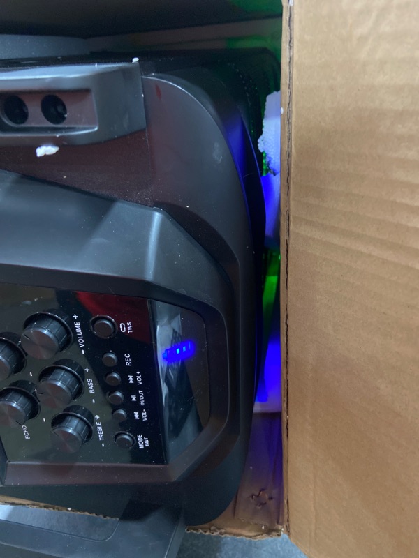 Photo 4 of Moukey Karaoke Machine, PA System Subwoofer, Portable Bluetooth Speaker w/ 2 Wireless Microphones, Lyrics Display Holder, Party Lights & Echo/Treble/Bass Adjustment, Support TWS/REC/AUX/MP3/USB/TF/FM 10" Subwoofer