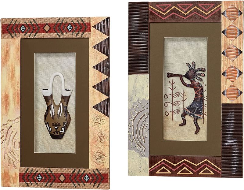 Photo 1 of (ONLY ONE) Touch of Class Southwest Vase and Kokopelli Shadow Box Wall Art - Wooden Framed Sculpture for Bedroom, Living Room, Office - Southwestern Style Decor with Glass - Geometric Designs
