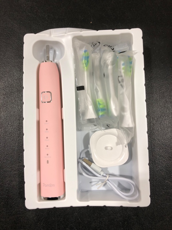 Photo 2 of 7AM2M Sonic Electric Toothbrush with 6 Brush Heads for Adults and Kids, One Charge for 90 Days, Wireless Fast Charge, 5 Modes with 2 Minutes Built in Smart Timer, Electric Toothbrushes(Pink) Light Pink