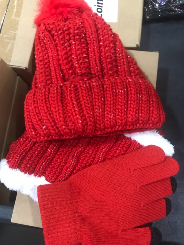 Photo 2 of 3-Pieces Pom Winter Beanie Hat Scarf and Touch Screen Gloves Set for Women and Girls Warm Knit Fleece Lining Hat Set Bright Red