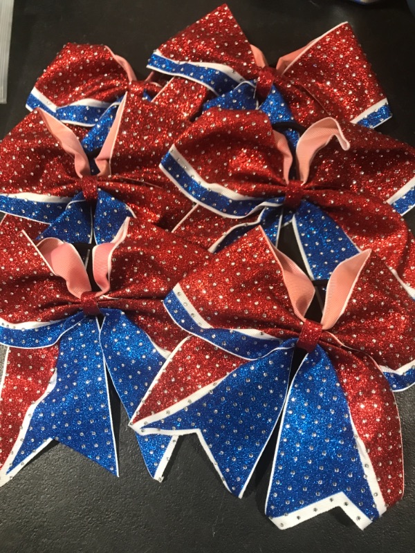 Photo 2 of 4th of July Cheer Bows American USA Patriotism Team Bows 6Pcs Patriotic Flag Cheerleader Hair Bows with Elastic Ponytail Holder for Competition Independence Day Girls Teens Kids (USA Cheer Bows C) Red / Royal Blue