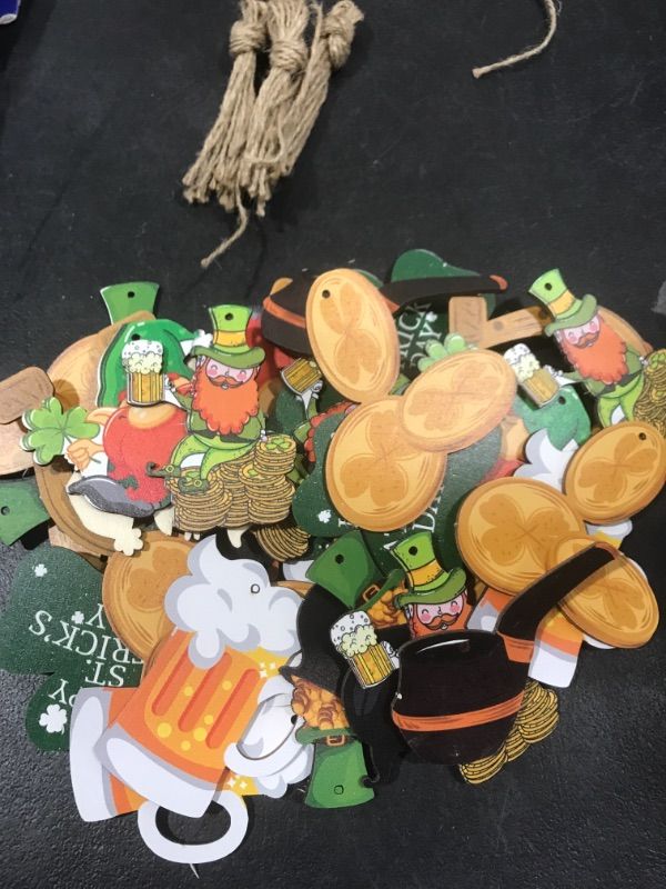 Photo 2 of 32 Pieces St. Patrick's Day Tree Ornaments Decoration Shamrock Wooden Cutouts Hanging Ornaments Leprechaun Beer Gold Coins Lucky Irish Saint Patrick Crafts with Twine for Party Tree Decor