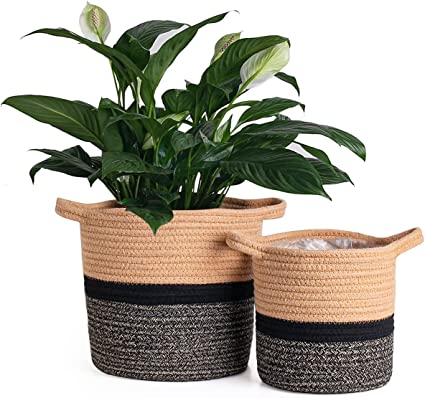 Photo 1 of 2-Pack Black Woven Baskets for Indoor Plants,Plant Basket Indoor?10” x 8” Plant Pot Cover?Jute Basket Indoor? Storage for Toys and Towels,Woven Basket for Storage,,Brown & Black Stripes,Set of 2
