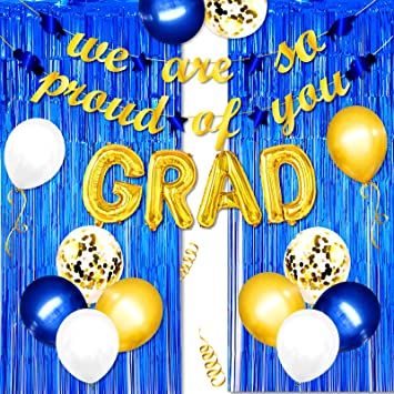 Photo 1 of  Graduation Party Decorations-Blue and Gold We Are So Proud Of You Banner, Congrats Grad Balloon Foil Curtain Backdrop Party Supplies, Photo Prop for Indoor Outdoor Home High School, College
