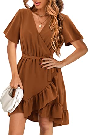 Photo 1 of Amoretu Womens Short/Long Sleeve Dress Wrap V Neck Ruffle Hem Mini Summer Fall Dresses LARGE