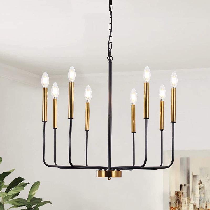 Photo 1 of  Farmhouse Chandeliers, 8 Lights Modern Retro Candle Ceiling Pendant Lighting Fixture, Adjustable Height Vintage Hanging Lamp for Dining Room, Restaurant, Kitchen, Hallway, Cafe, Black and Gold