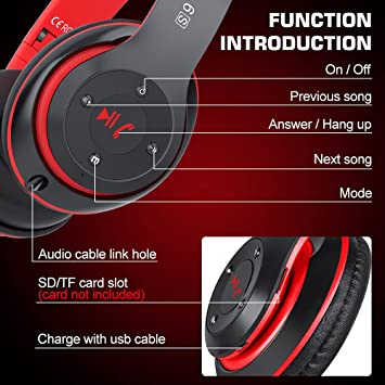 Photo 2 of 6S Wireless Bluetooth Headphones Over Ear, Hi-Fi Stereo Foldable Wireless Stereo Headsets Earbuds with Built-in Mic, Volume Control, FM for iPhone/Samsung/iPad/PC (Black & Red)