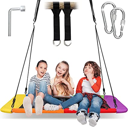 Photo 1 of 700lb Giant Platform Swing for Kids Adults with 2 Hanging Straps, Flying Saucer Tree Swing Set for Backyard Outdoor Indoor, Durable Steel Frame, Waterproof, Adjustable Swivel Ropes (Color, Rectangle)
