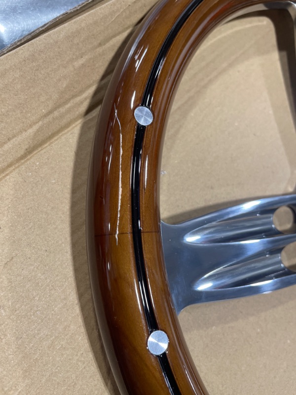 Photo 3 of 14" Inch Billet Polished & Wood Steering Wheel Bowtie Horn, 6 Hole