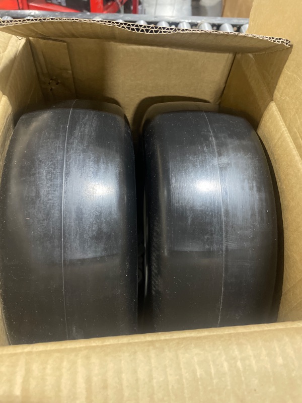 Photo 2 of 2pcs 13x5.00-6" Flat Free Lawn Mower tires lawn and garden lawn mower replacement Solid Tire and Wheel with Steel Rim 3/4" Grease Bushing and 3.25"-5.9" Centered Hub