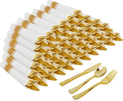 Photo 1 of 30 Gold Wrapped Plastic Cutlery Set with Napkin - By Zulzzy- Individually Pre Rolled Gold Silverware Disposable Ideal for Parties, Weddings, 50 Forks, Spoons & Knives with White Napkins
