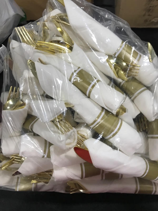 Photo 2 of 30 Gold Wrapped Plastic Cutlery Set with Napkin - By Zulzzy- Individually Pre Rolled Gold Silverware Disposable Ideal for Parties, Weddings, 50 Forks, Spoons & Knives with White Napkins
