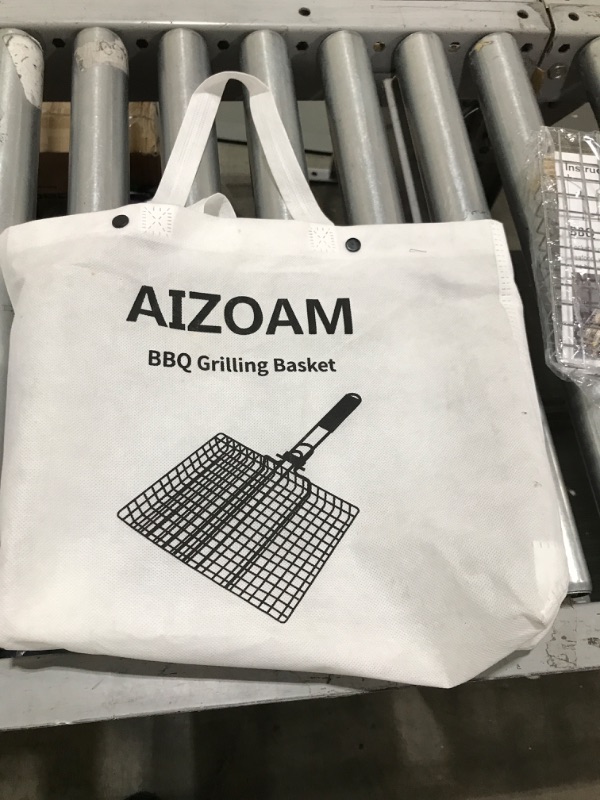 Photo 3 of AIZOAM Portable Stainless Steel BBQ Barbecue Grilling Basket for Fish,Vegetables, Shrimp,and Steak and Chicken .Great Useful BBQ Tool.-?Bonus Additional Sauce Brush and 50 Natural Bamboo Skewers ?