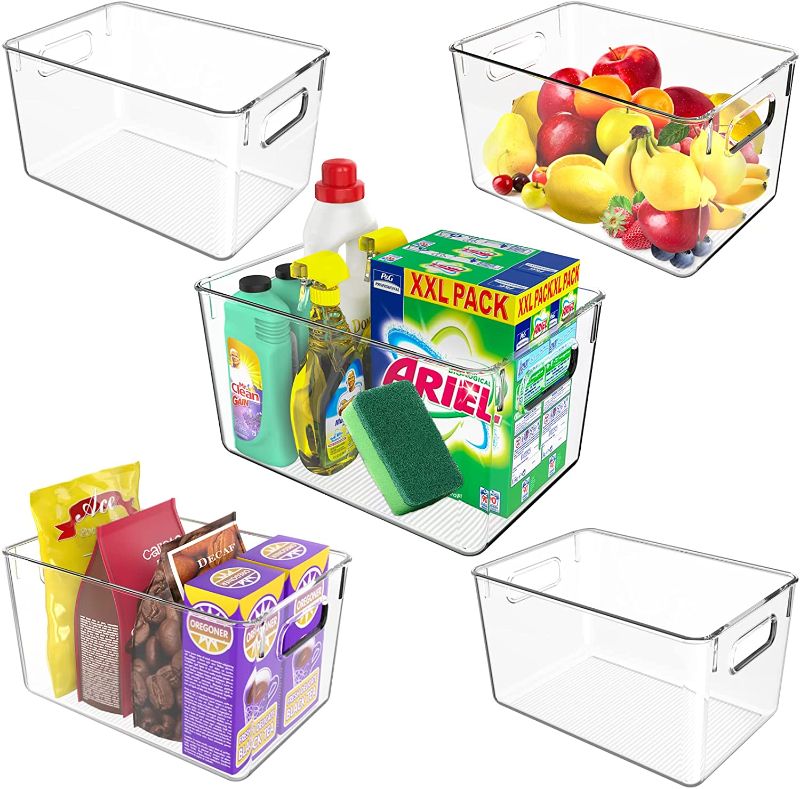 Photo 1 of 5 PCs Large Clear Storage Bins Kitchen Pantry Organization and Storage Bins – Clear Pantry Organizer Bins Refrigerator Organizer Bins with Handles for Kitchen, Pantry, Cabinet, Countertops, 11×7.5×6"
