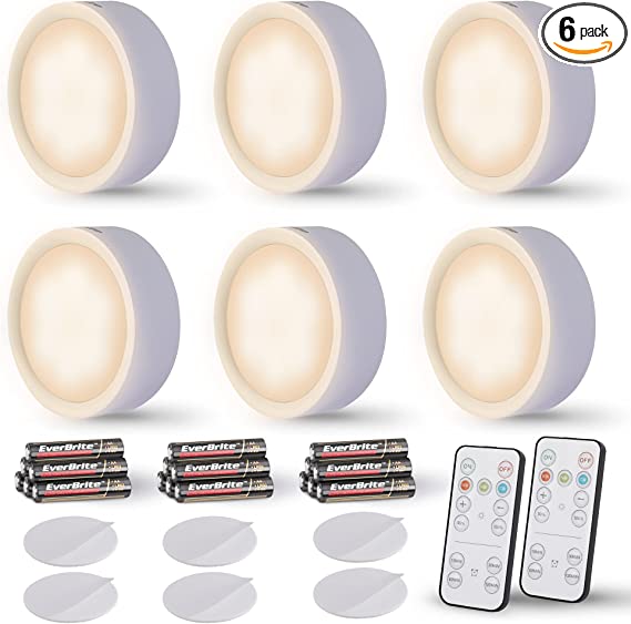 Photo 1 of EverBrite Puck Lights with Remote, Wireless LED Puck Lights Battery Operated, Under Cabinet Lights with Timer, Stick on Light, Closet Light Dimmable for Closet, Bedroom, Battery Included (6-Pack) 