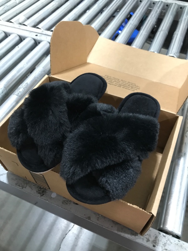 Photo 1 of black furry slippers, size 8