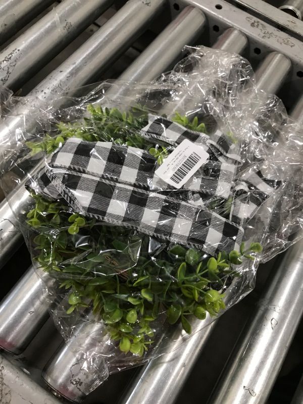 Photo 2 of 2 Pack Kitchen Cabinet Wreaths Decoration- 6 Inch Artificial Christmas Hanging Boxwood Wreath with Green Leaves Black & White Buffalo Plaid Bow Ribbon for Kitchen Cabinet Front Door Farmhouse Decors Black & white
