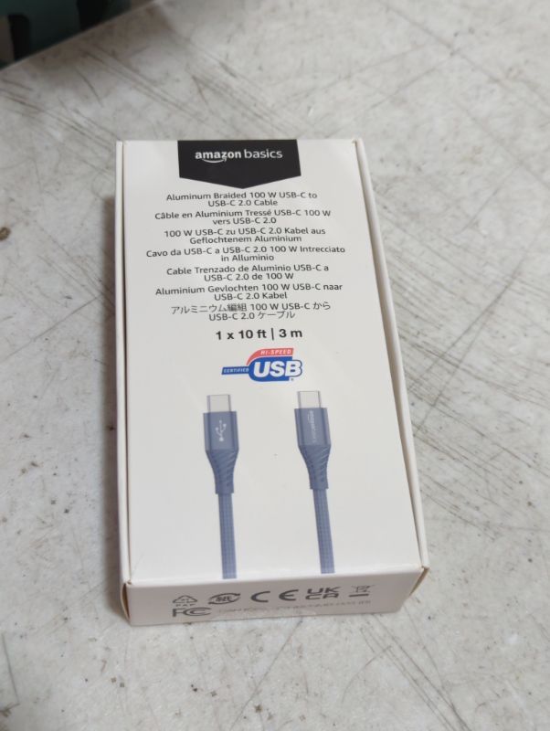 Photo 1 of Amazon Basics Aluminum Braided 100W USB-C to USB-C 2.0 Cable with Power Delivery - 10-Foot, Gray 10-Foot USB2.0 Type C to Type C