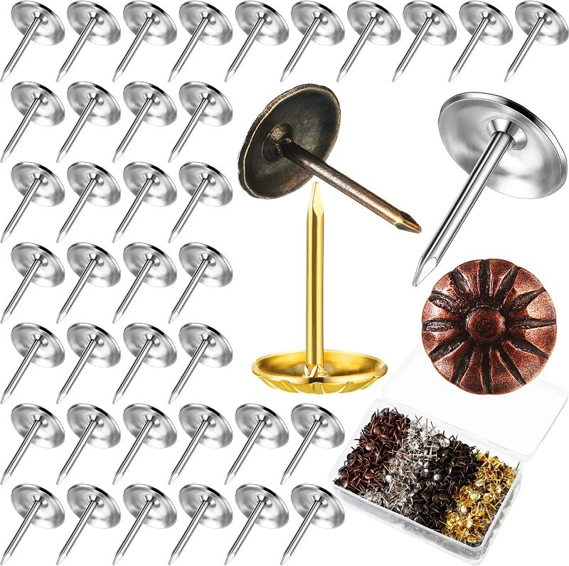 Photo 1 of Zhengmy 2000 Pcs Upholstery Tacks for Decorative Furniture Carpet Tacks Reflective Tacks Brass Tacks Iron Nails Antique Bronze Upholstery Pins Vintage Wood Tack Metal Tags Tacks (Multicolor) 