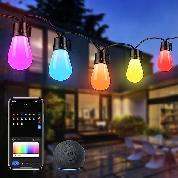 Photo 1 of ASAHOM Smart RGB Outdoor String Lights, Individual Bulb Control The Color, 96ft Waterproof Shatterproof LED Patio Lights, 30 Scene Modes, Voice and WiFi App Control for Backyard Gazebo Balcony Deck
