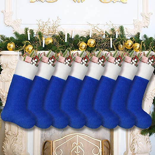 Photo 1 of 8 Pack Christmas Stocking 19.5 Inch Plush Christmas Stocking Velvet Soft Xmas Fireplace Hanging Stockings for Family Holiday Party Decoration (Blue)

