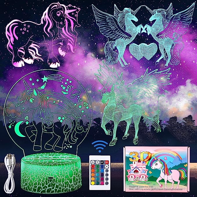 Photo 1 of 4 PCS Unicorn Night Light, 16 Colors Changes with Remote Control, 3D Illusion Lamp Unicorn Lights for Kids Room, Nice Dream Unicorn Night Light for Kids, Best Gifts for Boys and Girls.
