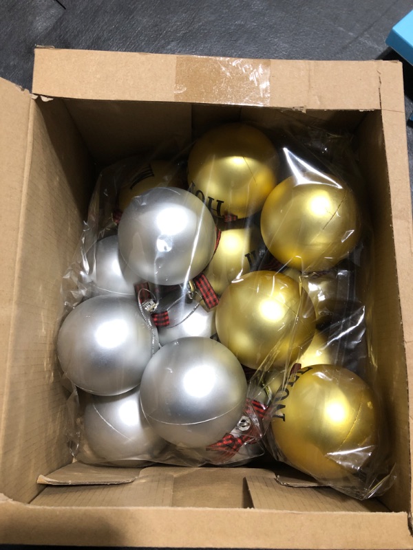 Photo 1 of 16 Pieces Christmas Ball Hanging Ornament Buffalo Plaid Xmas Tree Ornaments Matte Christmas Word Hanging Decoration with Bows for Farmhouse Party Supply (Black Red Plaid, Silver and Gold Ball, 3 Inch) 3 Inch Black Red Plaid, Silver and Gold Ball