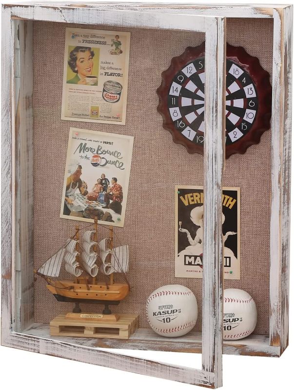 Photo 1 of 16x20 Shadow Box, 4 Inch Depth Extra Large Shadow Box Frame with Glass, Thick Shadow Box Display Case with Hinge, Big Memory Box for Memorabilia, Photos, Award, Flower, Ticket Stub-Distressed White
